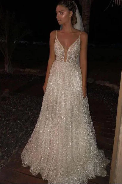 A Line Spaghetti Straps Deep V Neck Sequined Floor Length Prom Dresses N2404