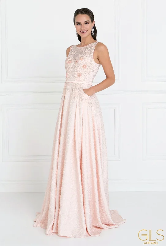 Blush Long Lace Bodice Dress with Pockets by Elizabeth K GL1545