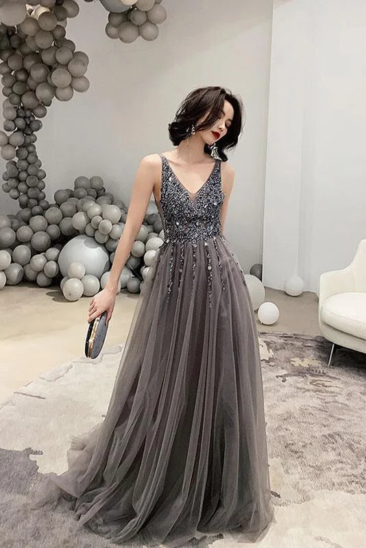 Dark Gray V-Neck Sparkly Beading Tulle Prom Dresses with Sequins