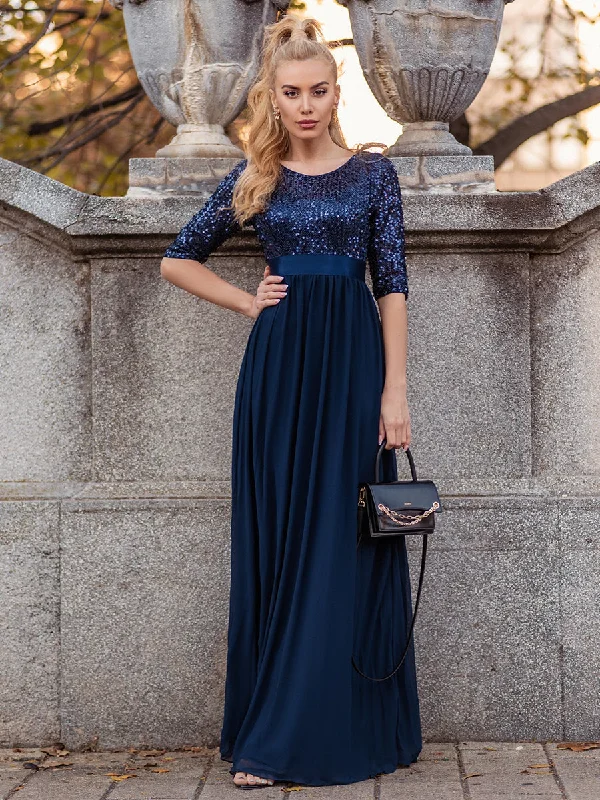 Elegant Round Neckline 3/4 Sleeve Sequins Patchwork Wholesale Evening Dress