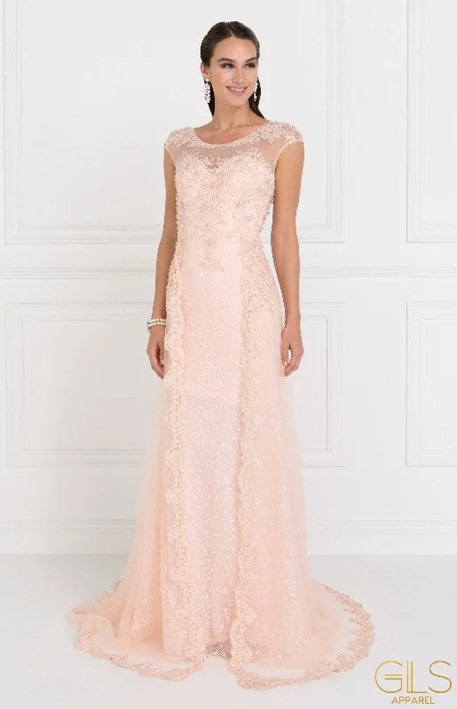 Embroidered Long Blush Cap Sleeve Lace Dress by Elizabeth K GL1539