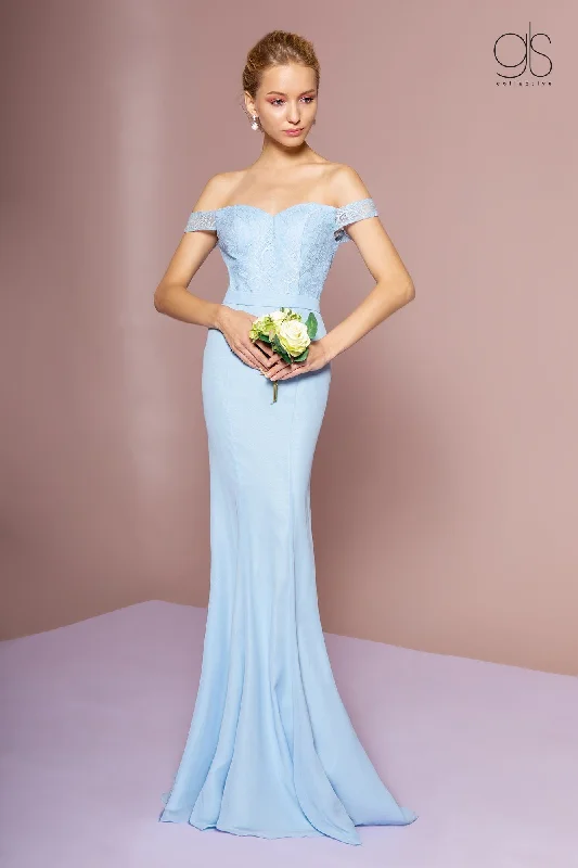 Long Off the Shoulder Dress with Lace Bodice by Elizabeth K GL2697