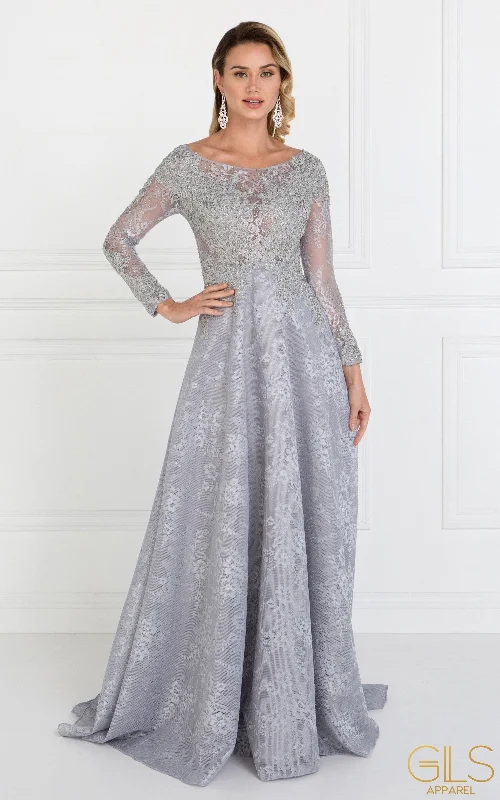 Long Silver Lace Dress with Lace Sleeves by Elizabeth K GL1537