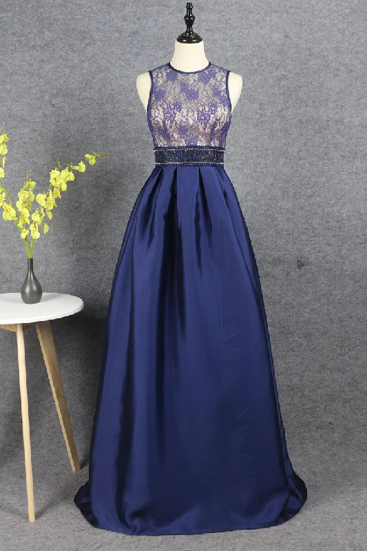 Modest A Line Lace Satin Beading Zipper Back Long Prom Dresses Y0382