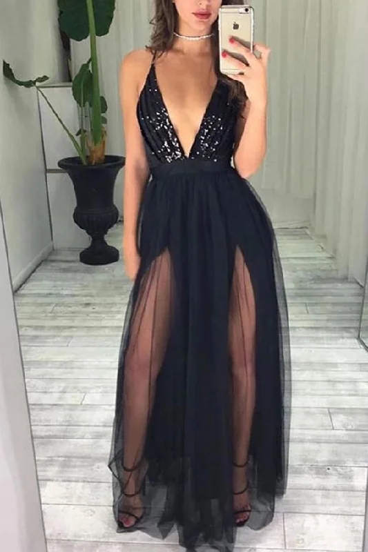 Sexy Black Sequins And Tulle Spaghetti Straps Deep V-Neck Prom Dresses N2516