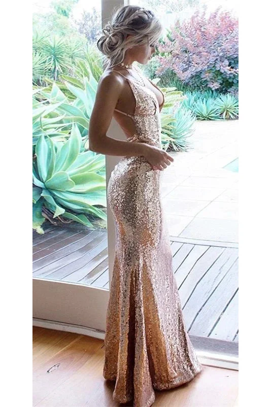 Sexy Sequined Mermaid V-Neck Backless Rose Gold Prom Dresses