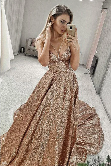 Shiny Puffy Sleeveless Sequined Court Train Prom Dresses Sparkly Sequin Evening Dresses N2248