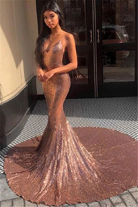 Spaghetti Straps V-Neck Mermaid Court Train Sequins Prom Dresses Sexy Evening Dresses N2603