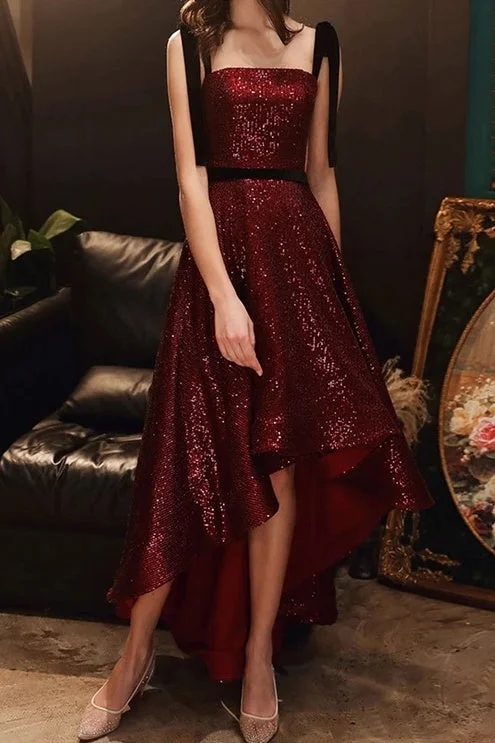 Vintage Burgundy And Black High Low Sequin Prom Dresses Homecoming Dresses Y0246