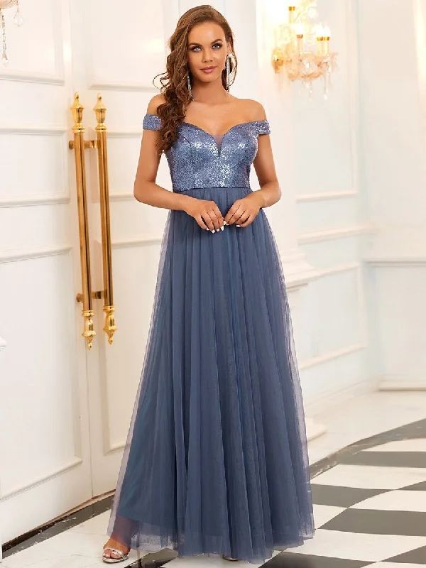 Wholesale High Waist Tulle & Sequin Sleeveless Evening Dress