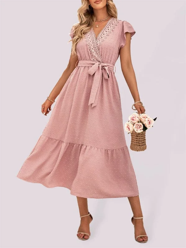 Women's Casual Solid Color Casual Tie Waist Lace V-neck Dress